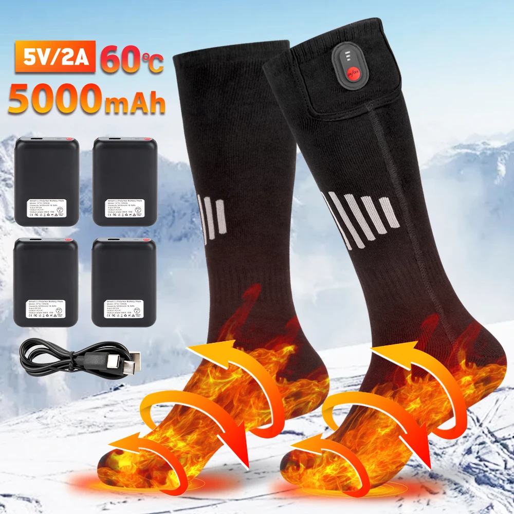 Meias aquecidas recarregáveis para exterior, Meias USB, Calor, Botas, Snowmobile, Esqui, Inverno, Esqui, 5000mAh