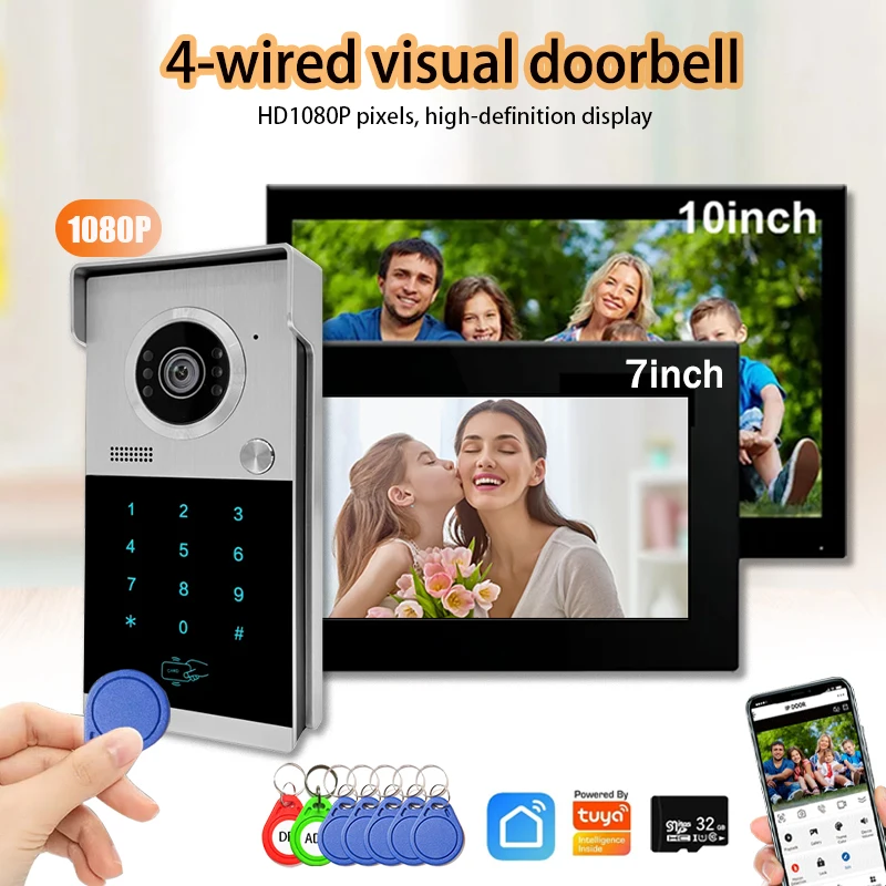 Angelotuya Smart metalen deurbel video-intercomsysteem, 10-inch touchscreen, 4-inch 1-slot veiligheidsbescherming