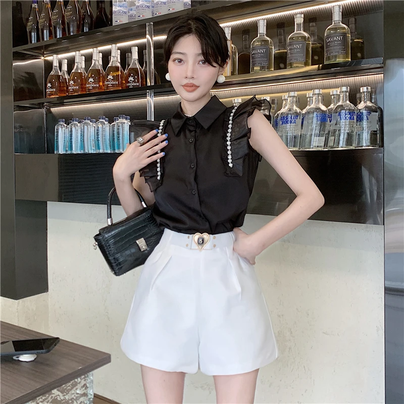 2022 Summer Fashion Designer Runway Suit Women Feifei Sleeve Diamonds Shirt Top + High Waist Wide Leg Shorts Two-Piece Set