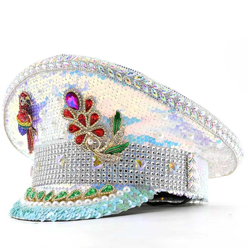 Ladies' Fashion Hat With Personalized Full Bright Flaps, Leaf Eaves, Water Diamond Parrot, Red Blue, Carnival Party Cap