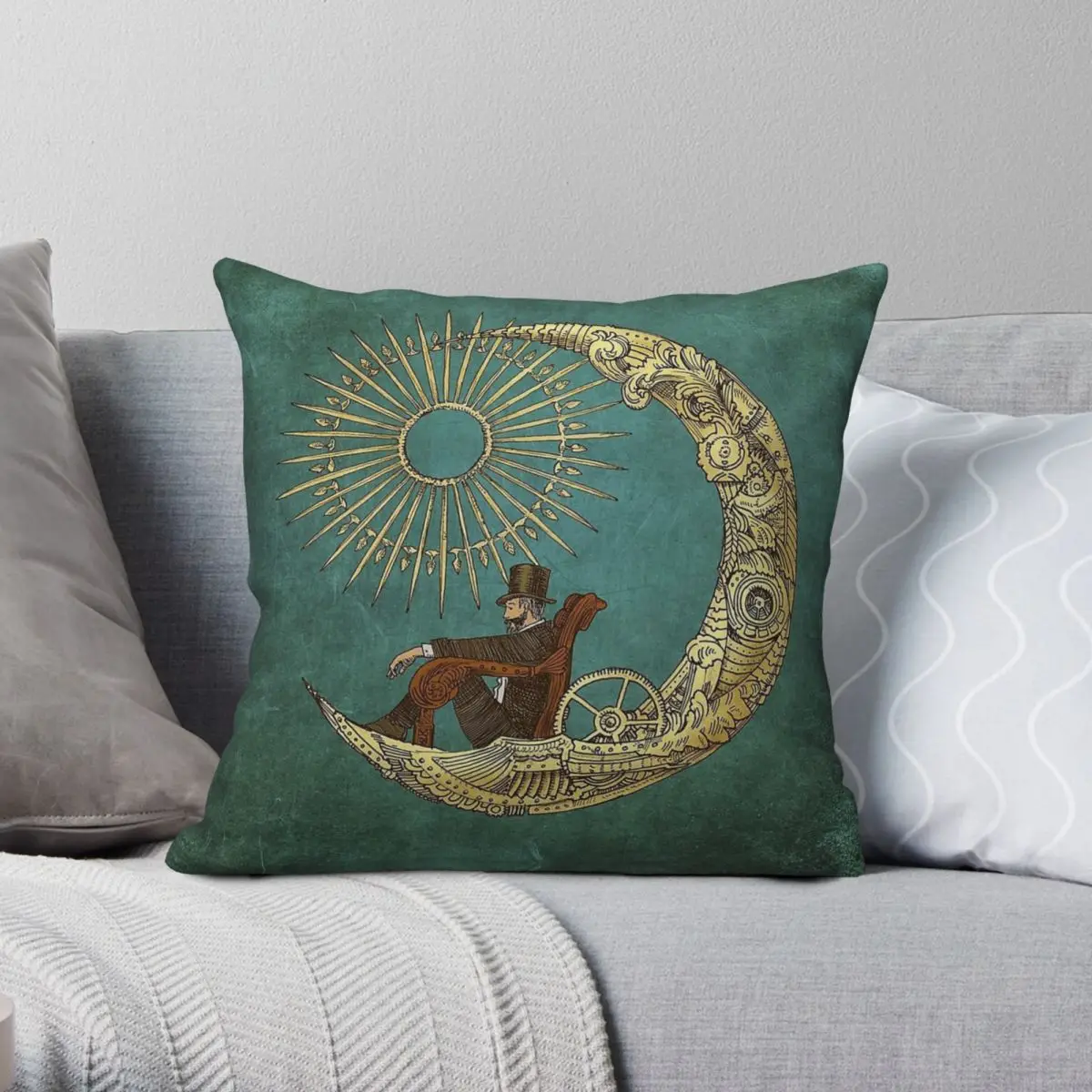 Moon Travel Steampunk Square Pillowcase Polyester Linen Velvet Pattern Zip Decor Throw Pillow Case Home Cushion Cover