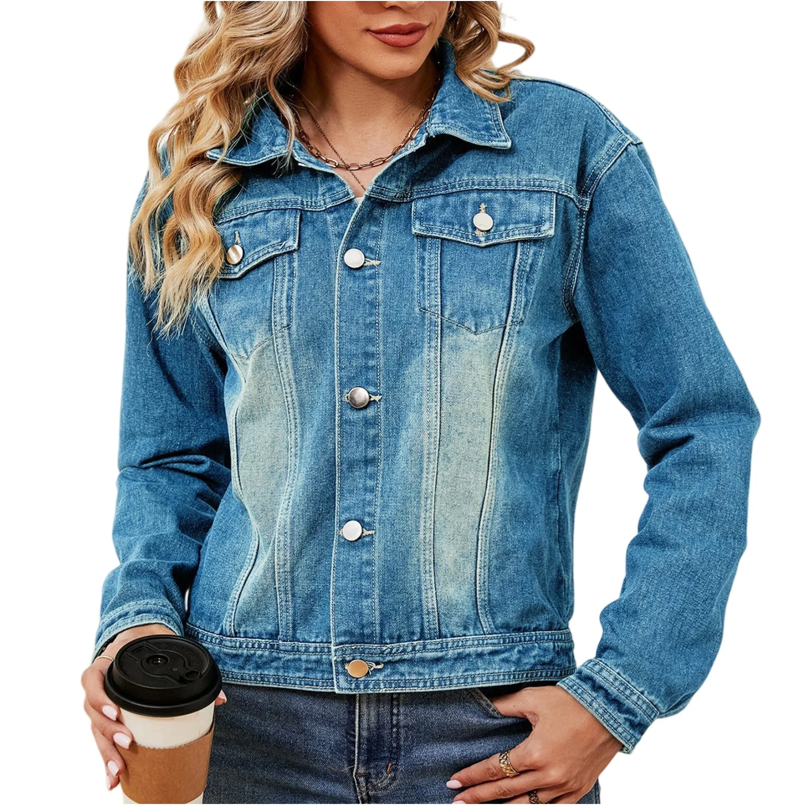 

Новые женские повседневные джинсовые куртки, весенне-осенние модные однотонные джинсовые пальто с длинными рукавами, свободные дорожные праздничные наряды