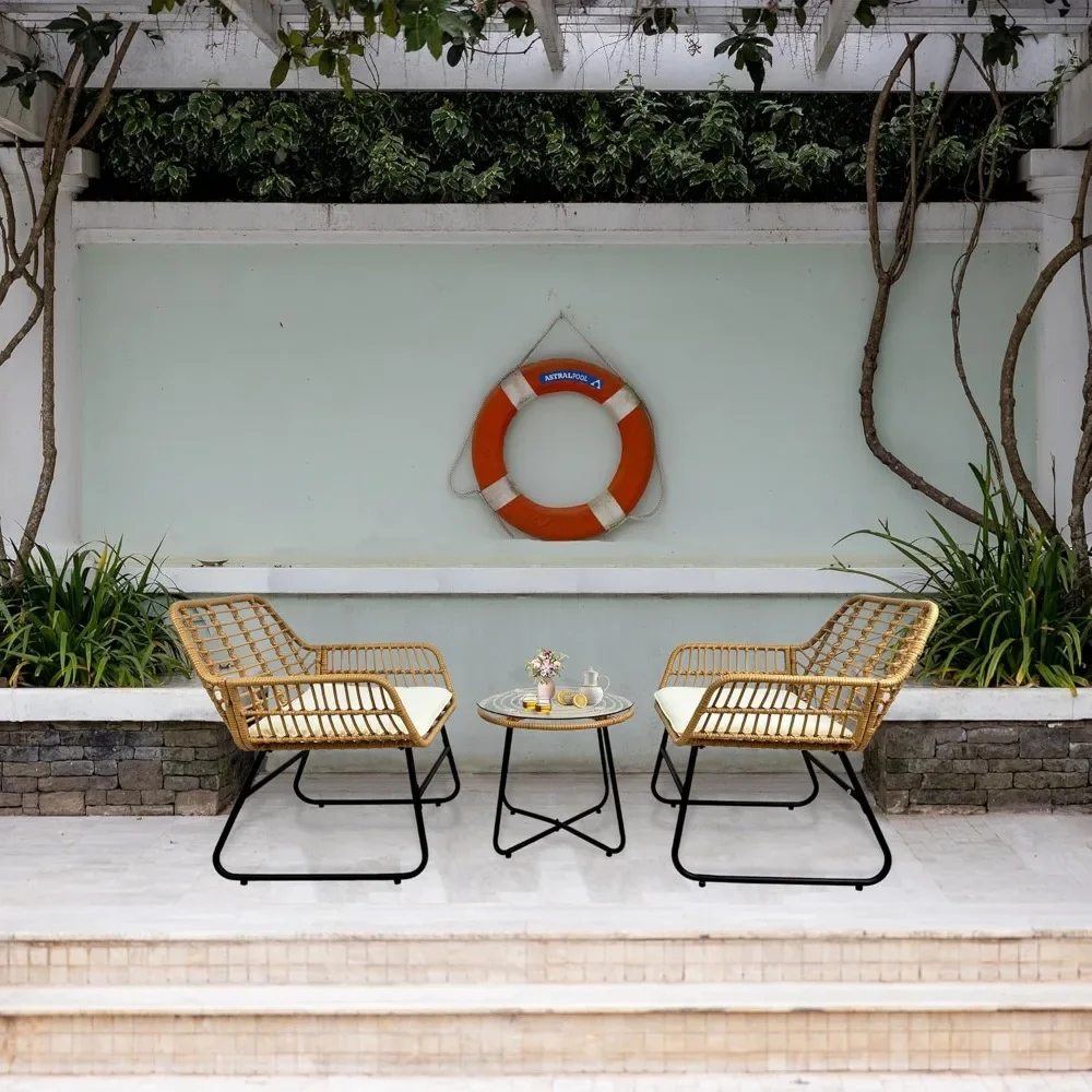 

3 Piece Rattan Patio Bistro Set, Indoor/Outdoor Wicker Furniture, 1 Table and 2 Chairs with Washable White Cushions