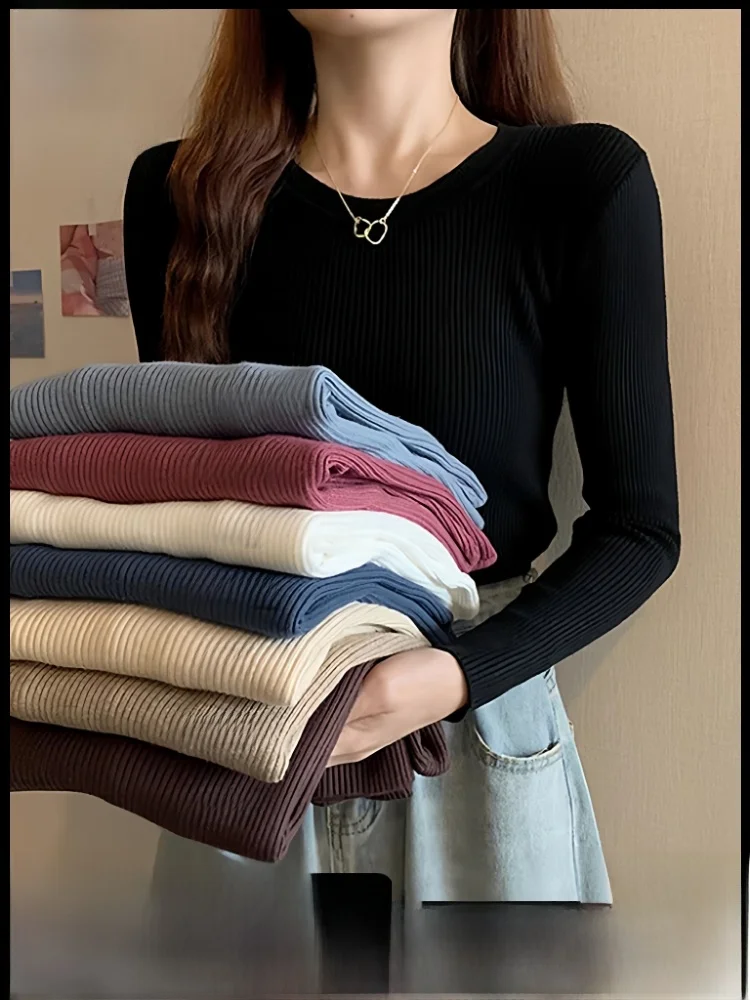 

Облегающий круглый вязаный свитер Ne Long Sve Base Layer irt для женщин Bla Весна Осень Новый Sle Commute Sle Warmth...