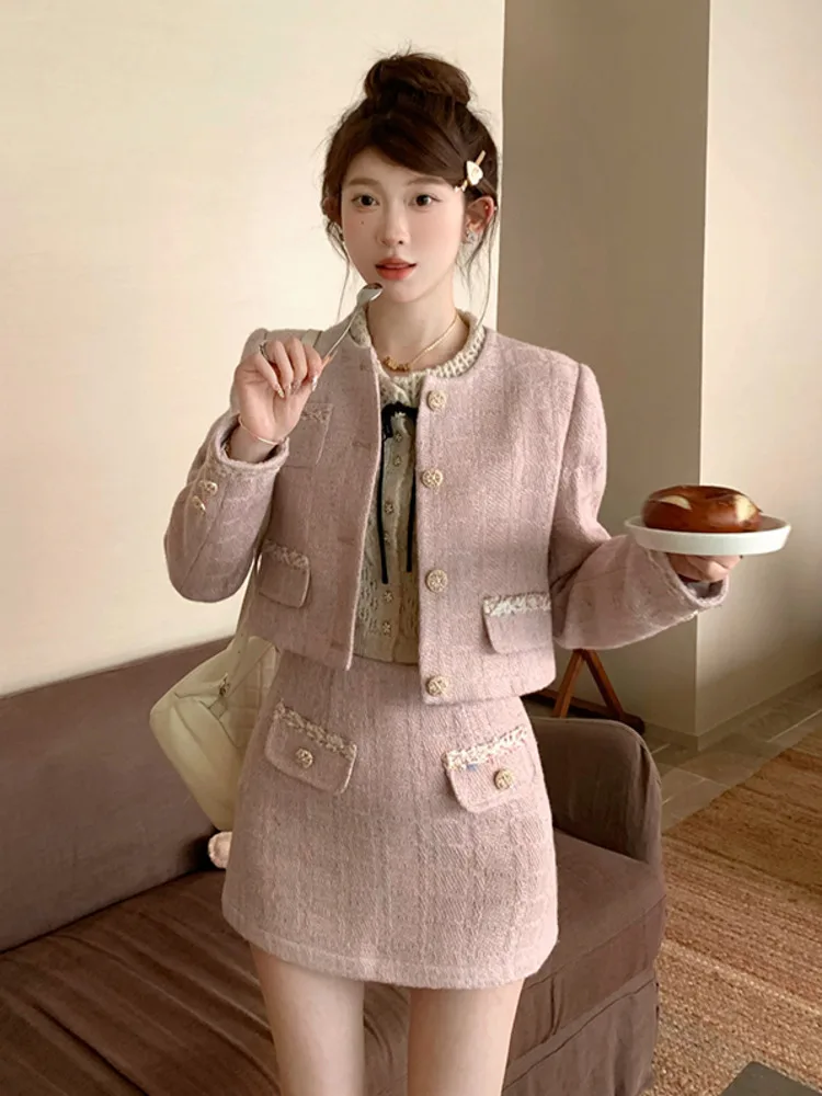 High Quality Fashion Small Fragrance Two Piece Set For Women Elegant Short Jacket Coat + Skirt Sets Ladies Sweet 2 Piece Suits