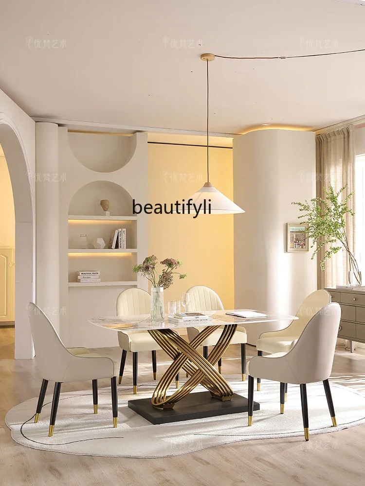

07Italian Minimalist Light Luxury Dining Table Household Restaurant Minimalist Stone Plate Dining Tables and Chairs