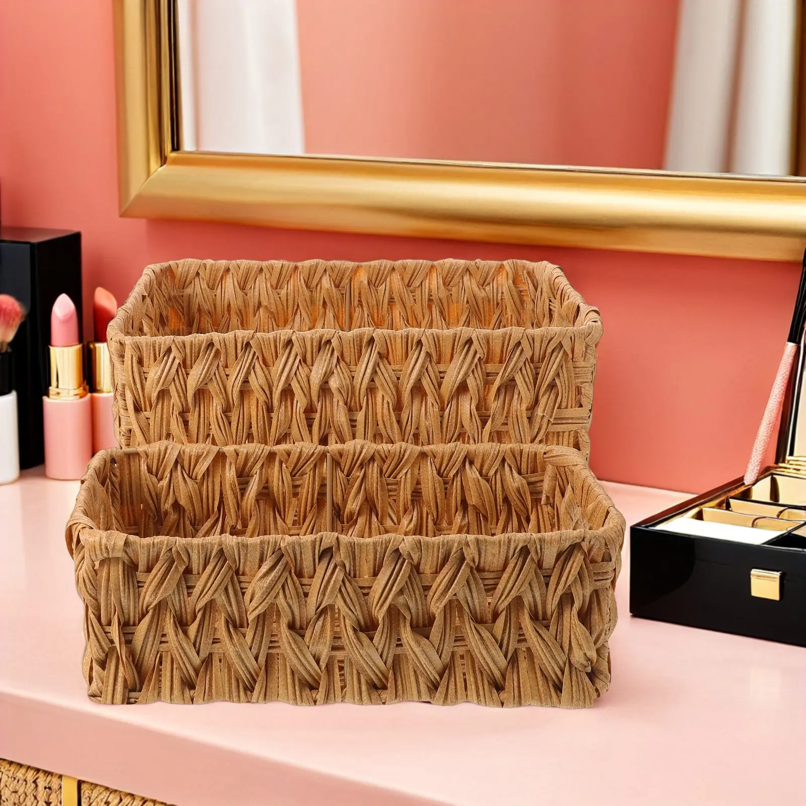 2Pcs Small Woven Storage Baskets Imitation Rattan Handwoven Beige Desktop Organizer Makeup Brush Office Sundries Storage Basket