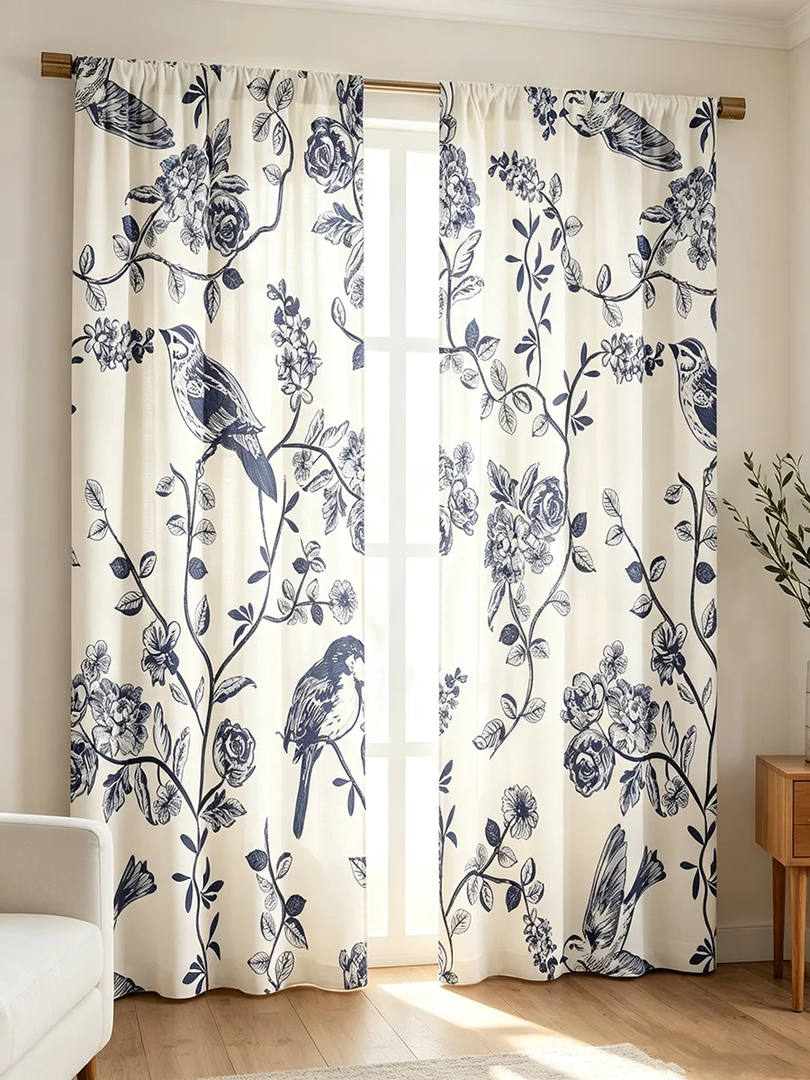 2PCS Digital Printed Curtains, Blue Bird Floral Vine Pattern, Vintage Botanical Style for Living Room Bedroom Kitchen Home Decor