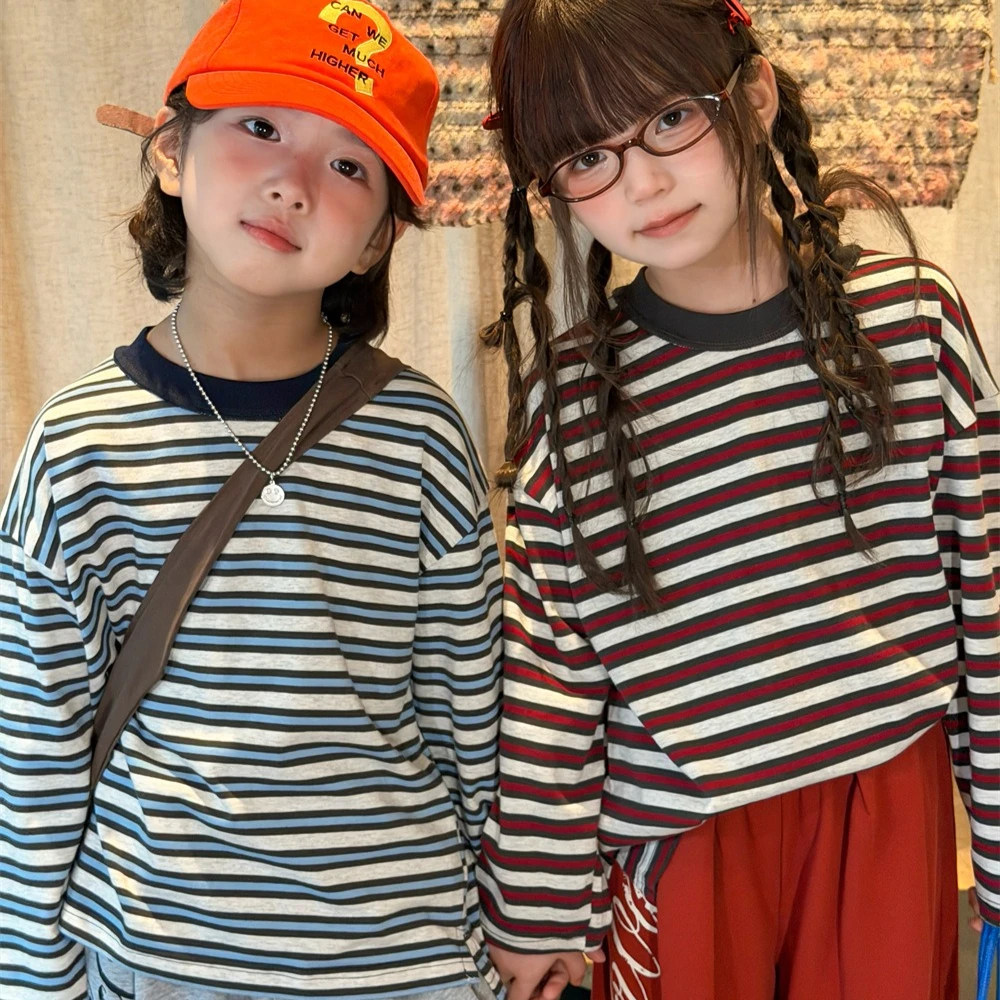 Boys T-shirt 2026 Autumn and Winter New Childrens Clothing Korean Style Boys and Girls Loose Casual Striped Long-sleeved T-shirt
