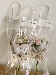 5pcs Simple Transparent Flower Tote Bag, Flower Gift Decoration Tote Bags, Single Bouquet Opp Bag Romantic Gift Bag For Lovers