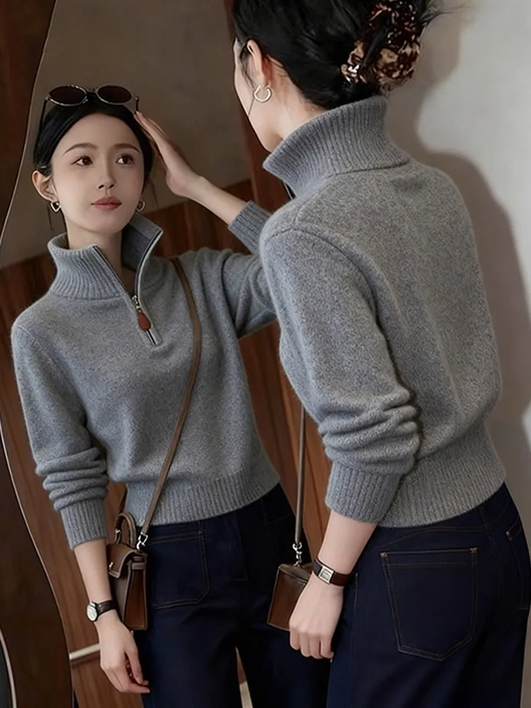 เสื้อสเวตเตอร์คอสูงถักไหมพรมสำหรับผู้หญิง ทรงเข้ารูป ซิปด้านหน้า ไซส์เล็ก ดีไซน์โดดเด่น สำหรับฤดูใบไม้ร่วงและฤดูหนาว