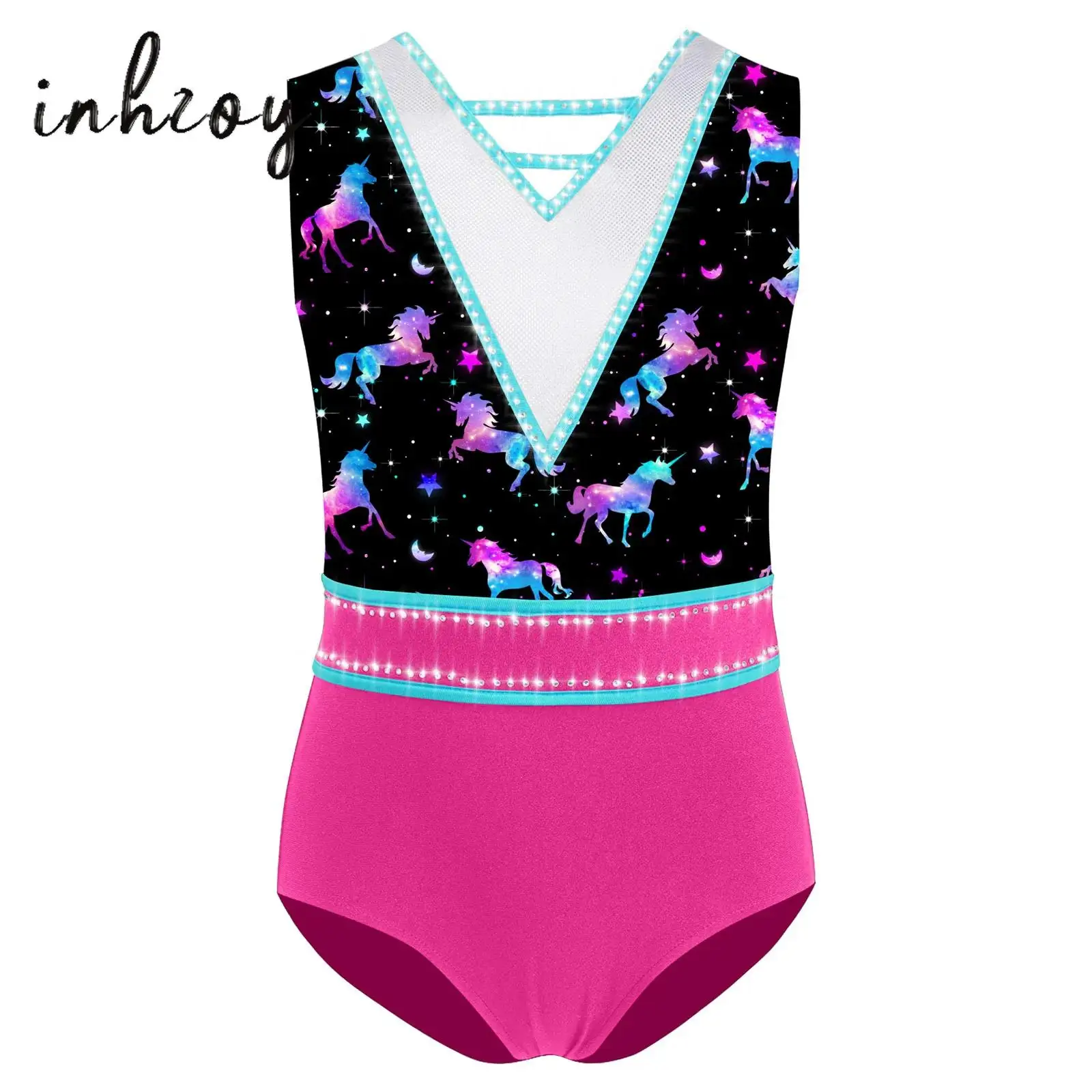 

Kids Girls Fashion Printed Gymnastics Leotard V-Neck U-Back Sleeveless Rhinestone Bodysuit Ice Skating Ballet Dancewear Swimwear
