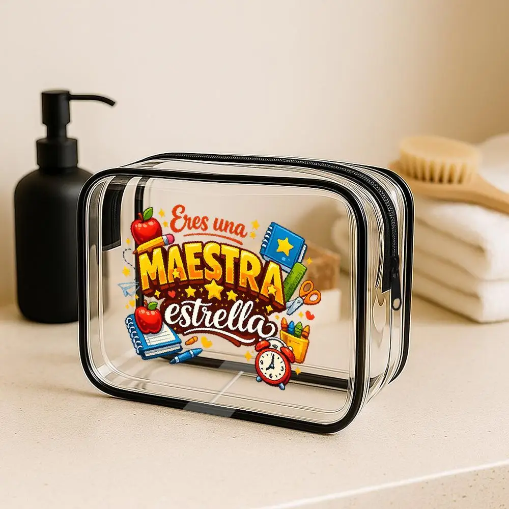 Toiletry Bag Apple School Supplies Star Print Clear Zipper Makeup Bag Vibrant Cartoon Spanish 