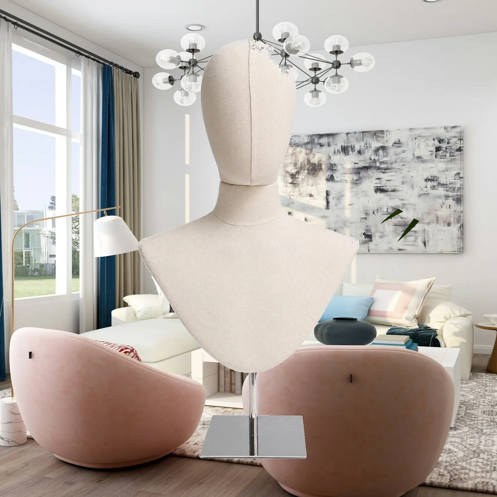 Compact Head Shoulder Display Mannequin with Silver Steel Stand for Hat Jewelry Scarf Boutique Merchandising Display