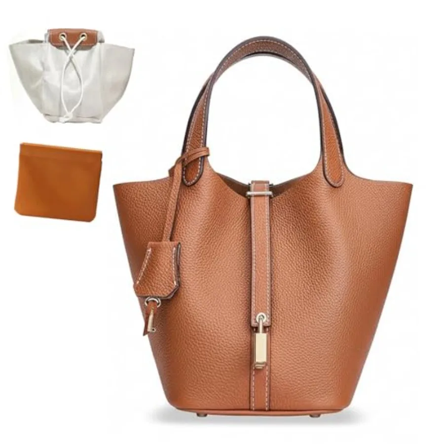 

Genuine Leather Lock Design Bucket Bag for Women Vegetable Basket Fashionable Versatile Handbag in Brown Perfect for Daily Comm