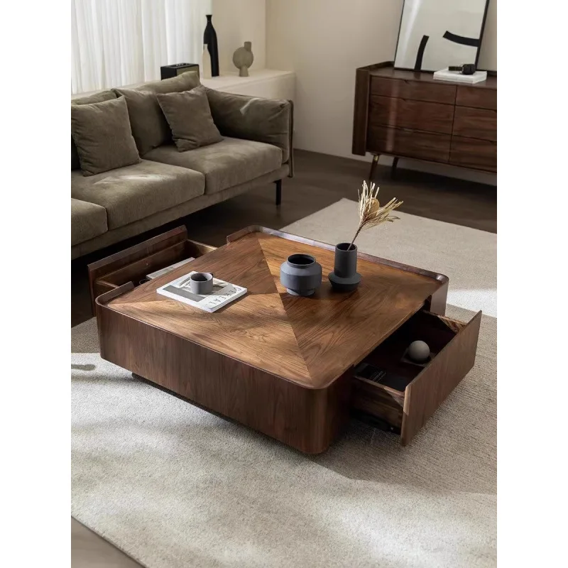 Italian Minimalist Light Luxury Modern Living Room Furniture Walnut Color Square Storage Solid Wood Coffee Table