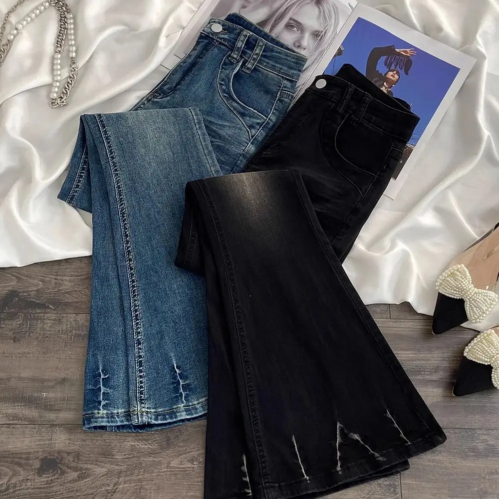 

Черные Серые Джинсовые Брюки Ретро Женские Модные Тонкие Расклешенные Джинсы с Высокой Талией 2025 Новые Полные Брюки Женские Узкие Джинсы Bootcut