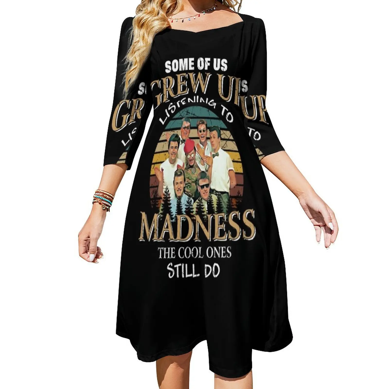 

Vintage listening to The madness retro band gift for fans Flare Dress Woman clothes Female dress dresses for women