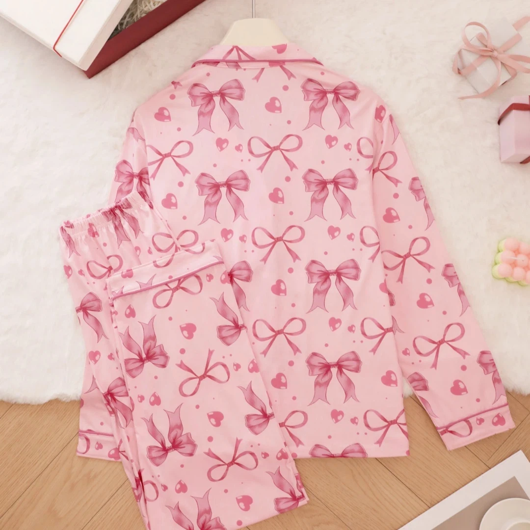 Women Christmas Themed Pajama Set with Lotus-colored  Bow  Lapel Long-sleeved and Long Pants Trousers Loungewear Home Wear Gifts