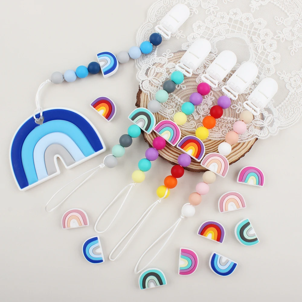 Baby Pacifier Chian Clips Rainbow Silicone Beads Food Grade Chew Teether Anti-Lost Nipple Dummy Holder Baby Teething Gift Toy