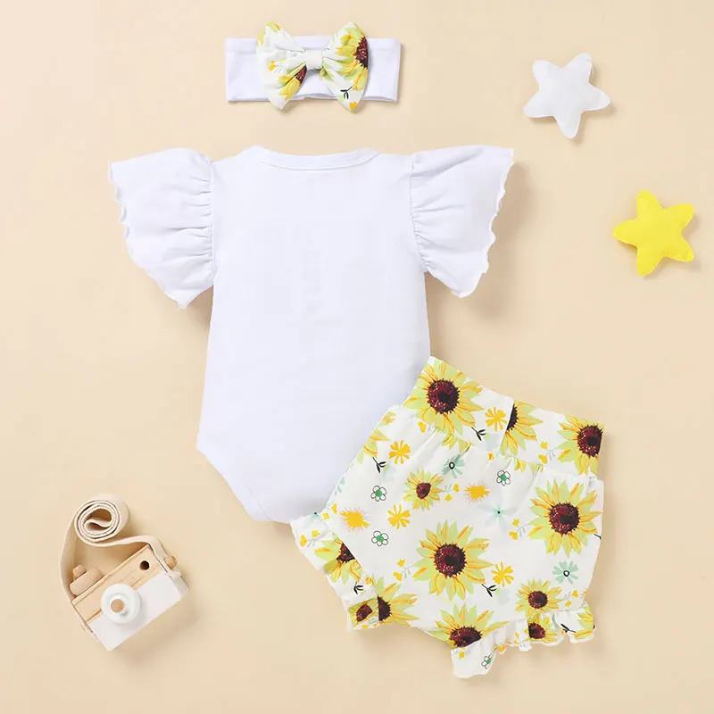 0-12M Baby Girl\'s Alphabet Print Flying Sleeve Clothes with Sunflower Bee Blueberry Shorts Three-piece Suit for Summer Wear