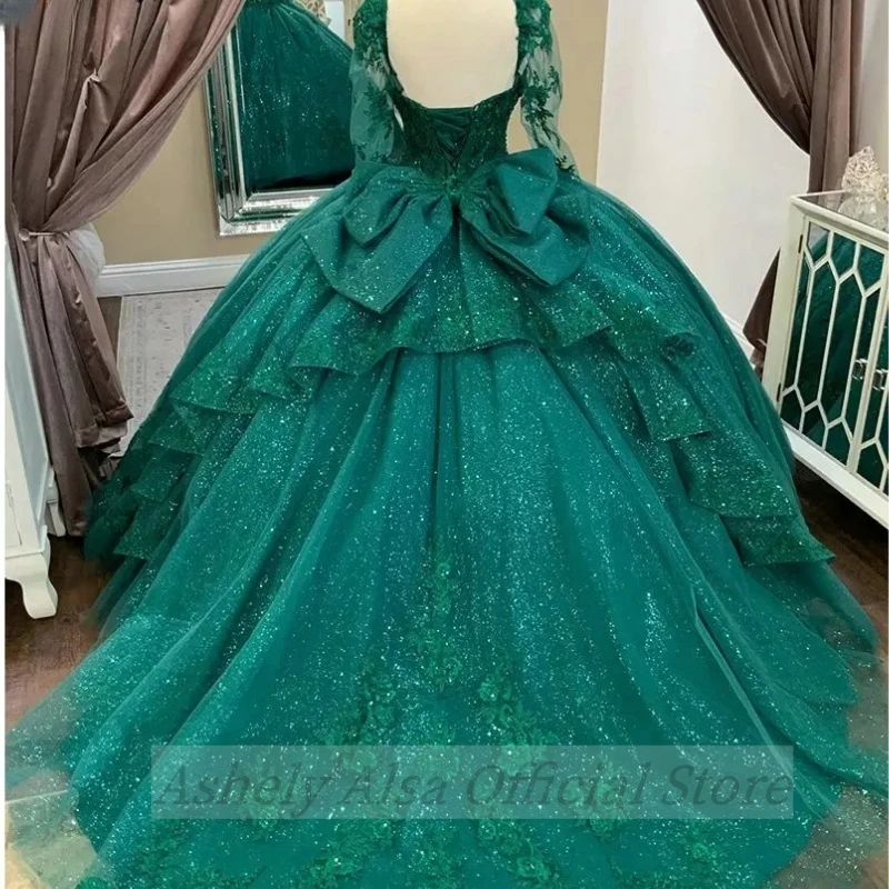 Custom Made Emerald Green Long Sleeve Quinceanera Dress Ball Gown Lace Sweet 16 15 Prom Birthday Party Wear Vestidos De XV Anos