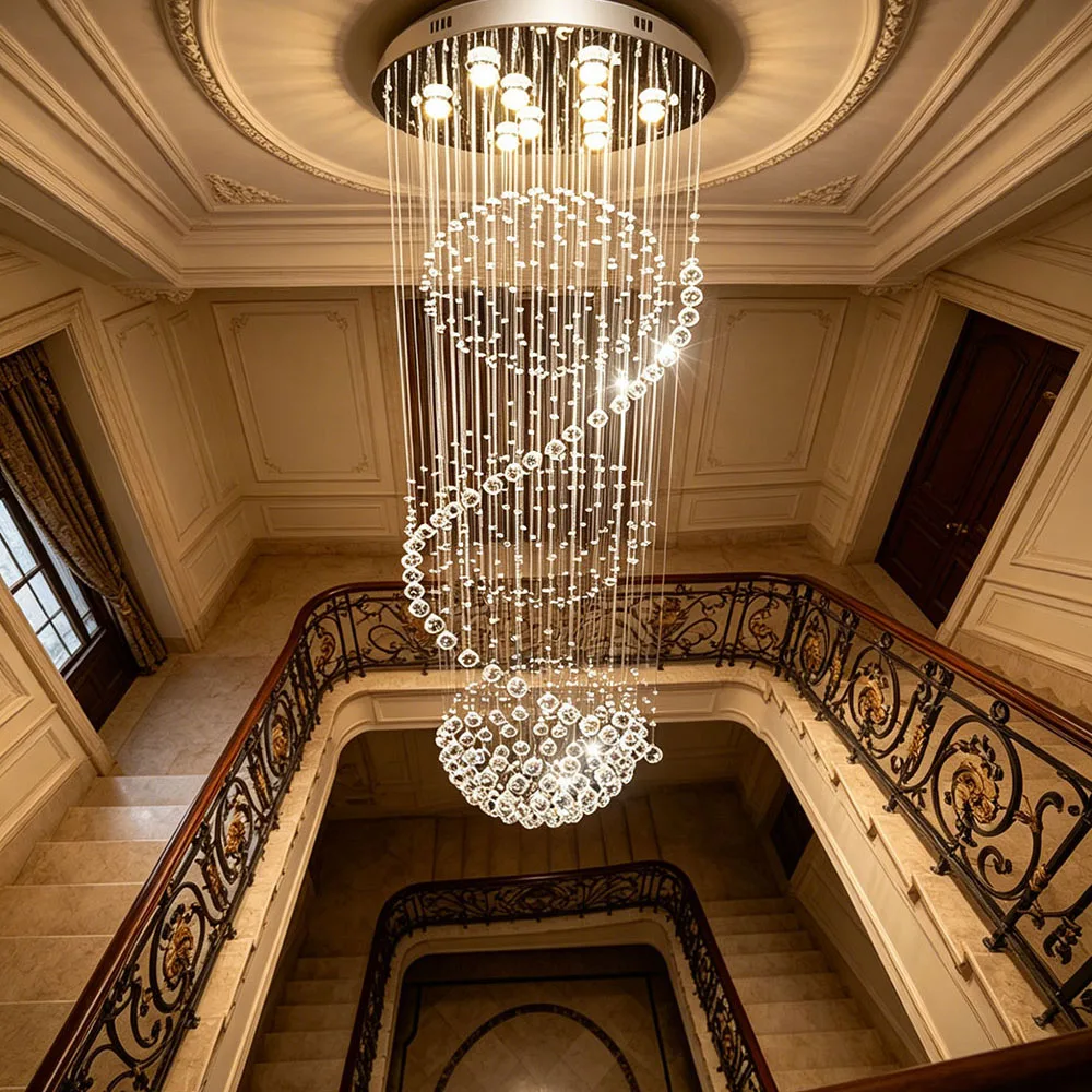 Long Spiral Waterfall Crystal Chandelier Dimmable LED Ceiling Light For Duplex Villa Staircase High Hall