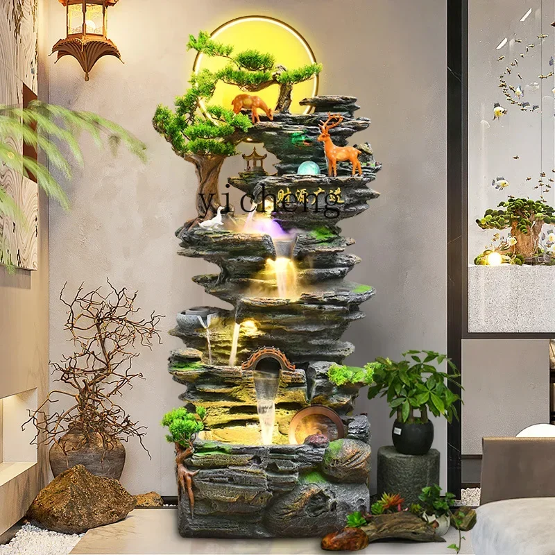 HT  large-scale floor-to-ceiling rockery, flowing water fountain, living room feng shui wheel to generate wealth, decorative
