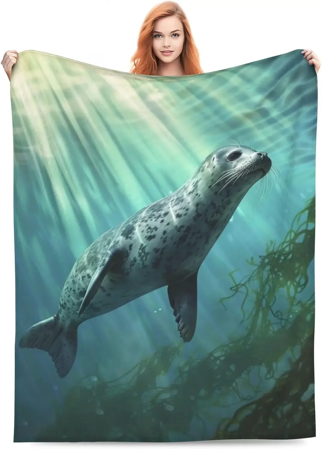 Realistic Underwater Seal Flannel Throw Blanket Ocean Sea Life Print Soft Lightweight Fabric Soft Blankets for Sofa Living Room