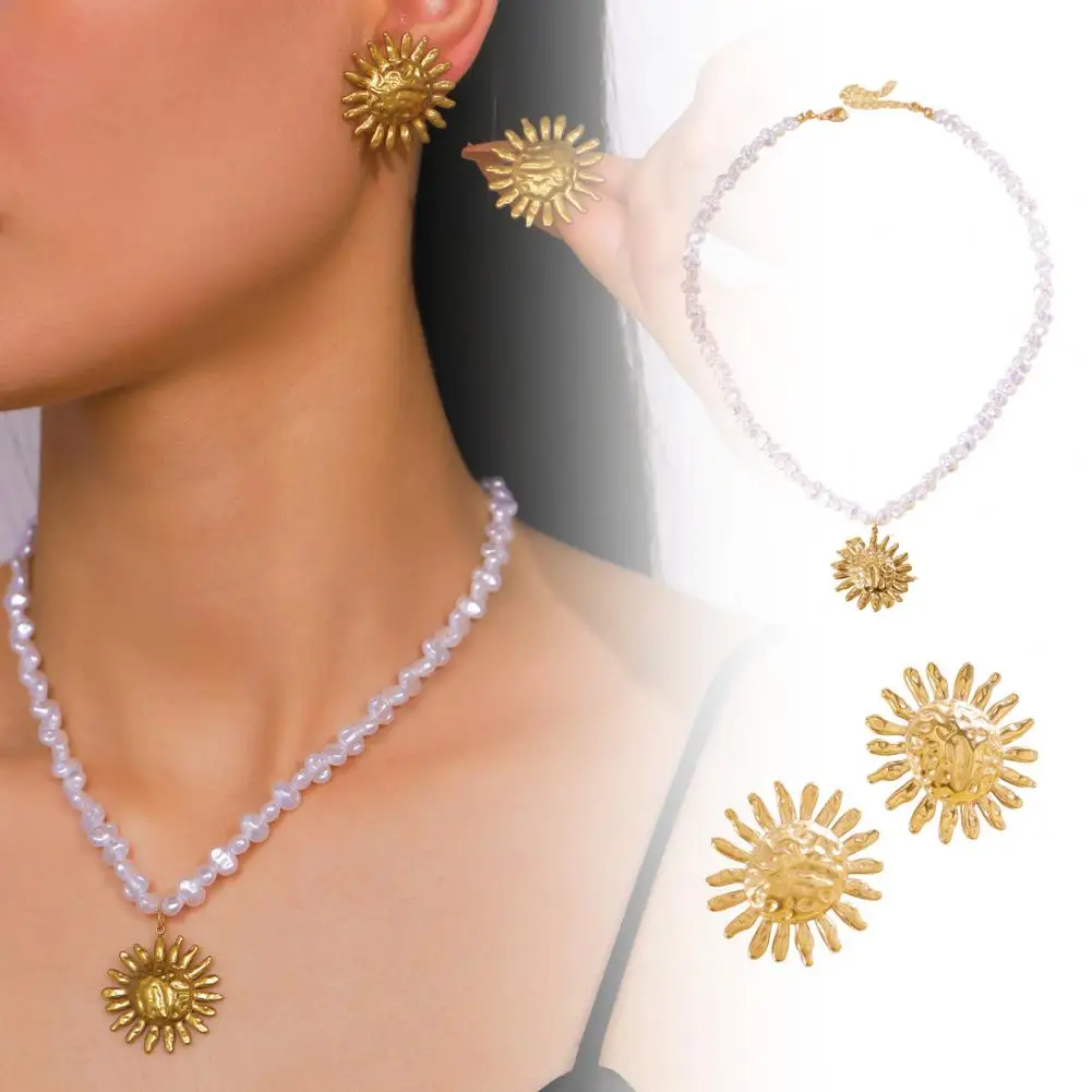 Hammered Texture Jewelry Bohemia Imitation Pearl Necklace Irregular Strand Jewelry Set Retro Distressed Sun Shape Stud Earrings