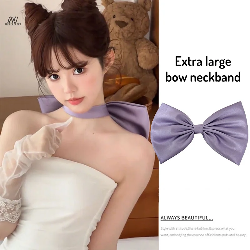 Purple Big Bowknot Collar Women Choker Fashion Sexy Female Necklace Cosplay Dinner Party Wedding Costume Accessories