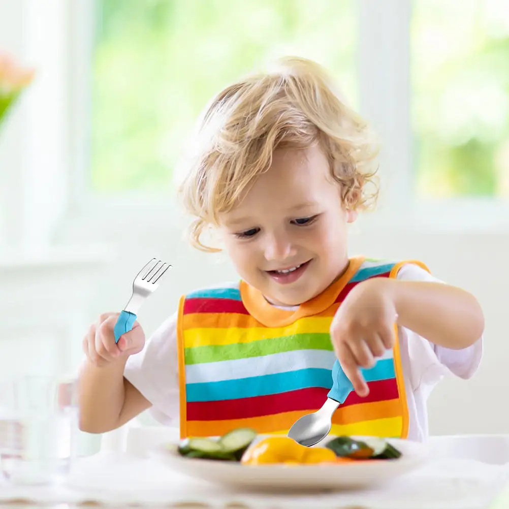 

Набор детских ложек и вилок из силикона и нержавеющей стали, синий, для обучения самостоятельному приему пищи, с коробкой для хранения