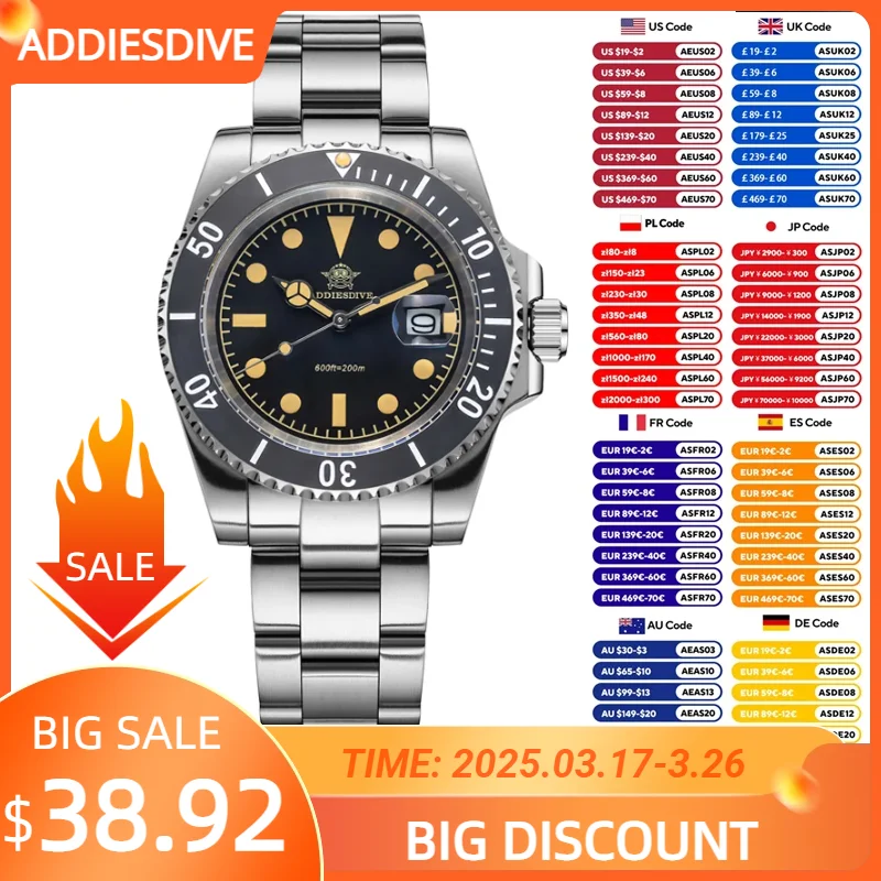 ADDIESDIVE AD2054 Stainless Steel Quartz Watch 200M Dive Watches Green Luminous Men's WristWatches Waterproof Relojes Masculino