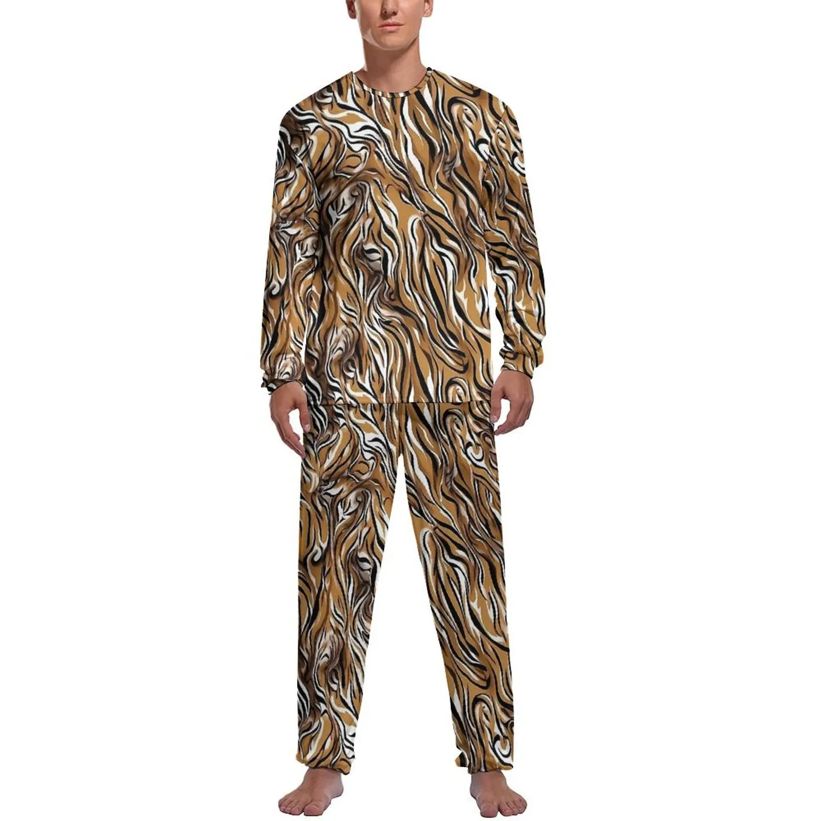 

Tiger Skin Print Pajamas Man Animal Fashion Nightwear Daily Long Sleeves 2 Pieces Bedroom Design Pajama Sets