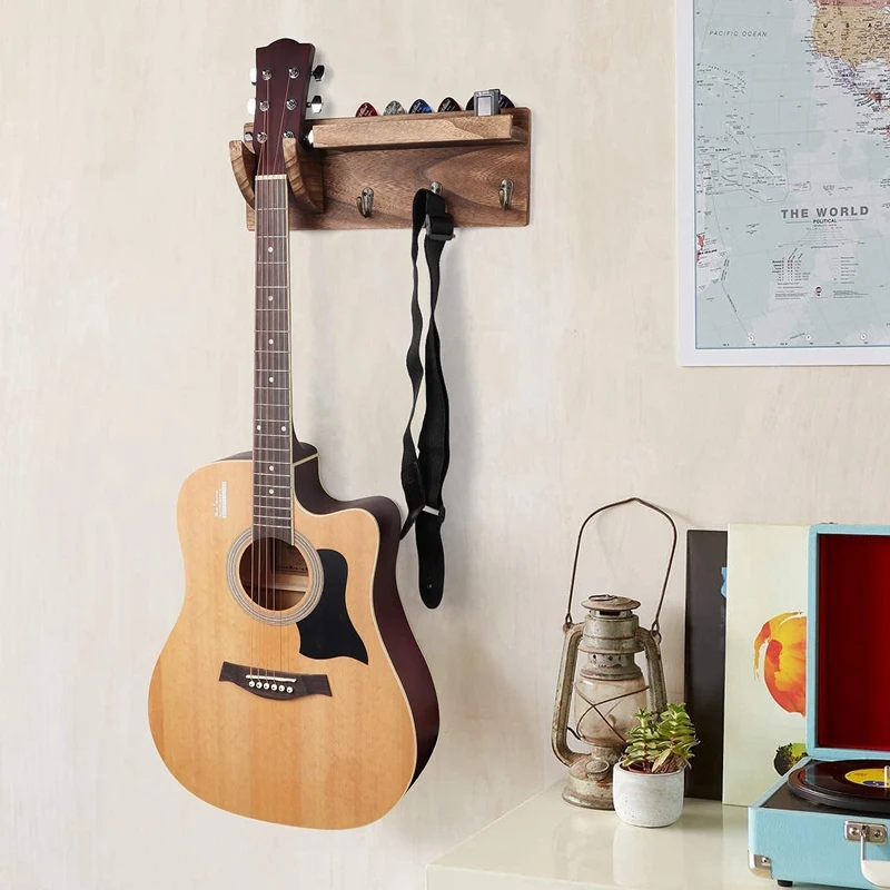 Hot AD-Guitar Wall Hanger Guitar Holder Wall Mount Bracket Hanger Guitar Wood Hanging With Pick Holder And 3 Hooks Carbonized