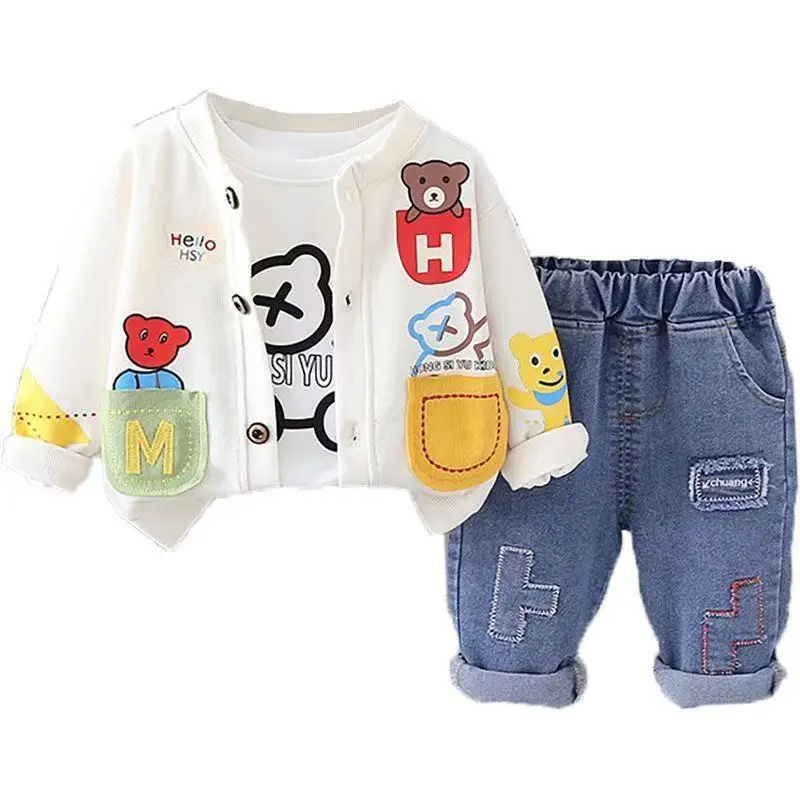 

Комплект детской одежды, новинка 2023 года, весенне-осенняя мода для мальчиков, пальто с героями мультфильмов, футболка, брюки, комплект из трех предметов, 73-120 см