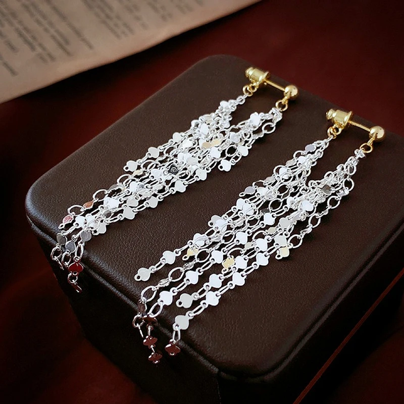 Fashion Statement Silver Color Long Metal Chain Bling Tassel Earrings for Women Wedding Party Earrings Hot Jewelry Pendant Gifts