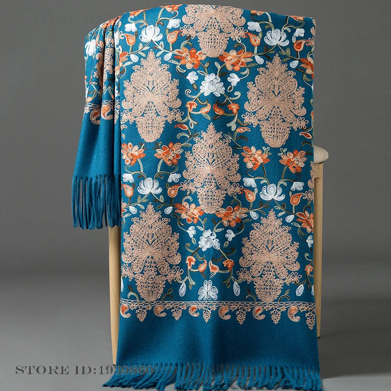 Écharpe en cachemire pashmina brodée, style ethnique, avec pompons, châle, écharpe d'automne-hiver, foulard, bufanda, poncho