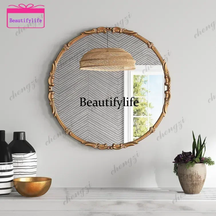 French retro smart bathroom mirror carved wall-mounted mirror sink vanity mirror