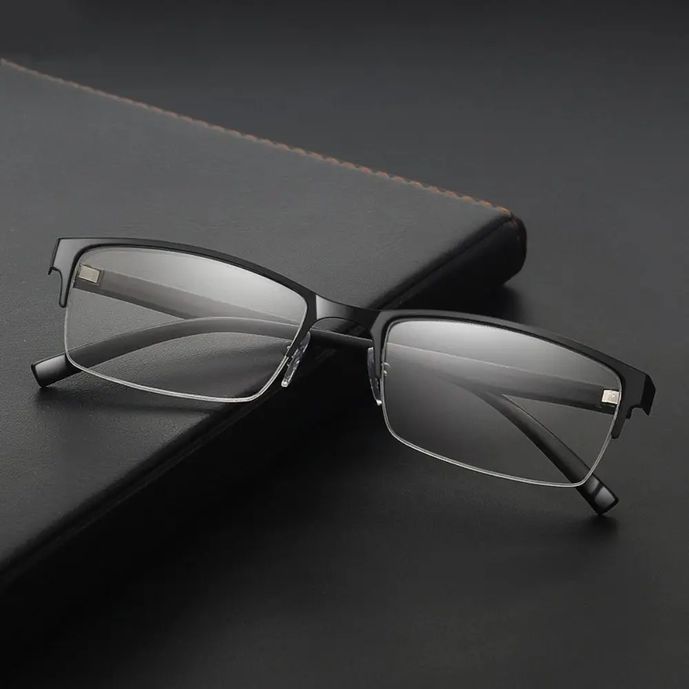 

Portable Metal PC Reading Glasses Black Grey Square Half Frame Ultra Light Frame Vision Care Men