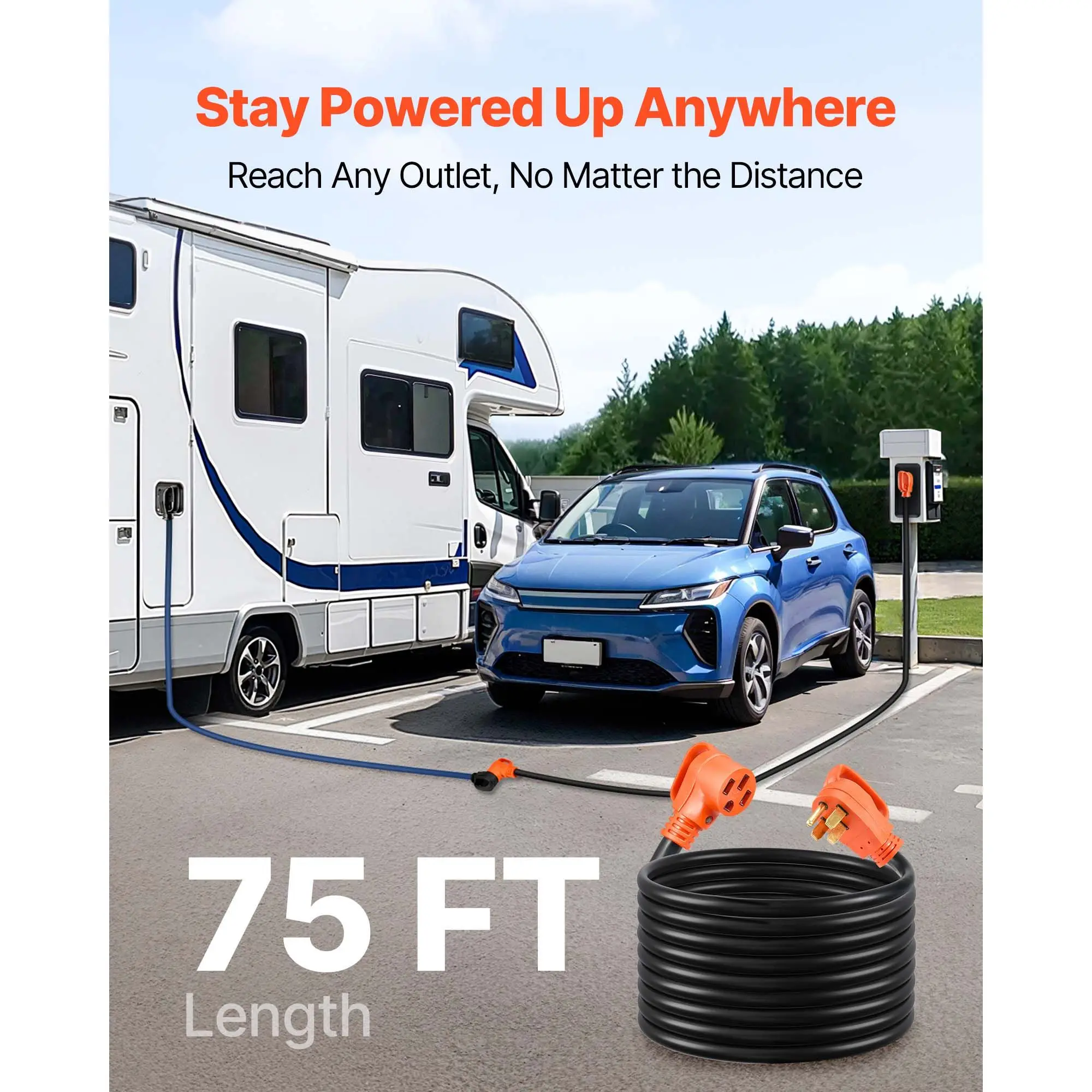 75 FT RV Extension Cord, 50 Amp, 125V/250V 7500W Heavy Duty STW 6/3 + 8/1 Gauge Wire, NEMA 14-50P Male NEMA 14-50R Female Plug,
