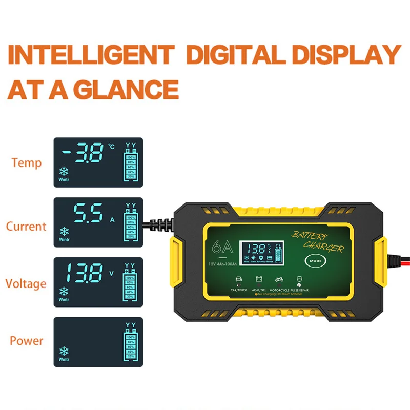 Carregador acidificado ao chumbo para motocicletas automotivos, reparo do pulso, exposição do LCD, carregamento rápido esperto, gel profundo do ciclo, 12V, 6a