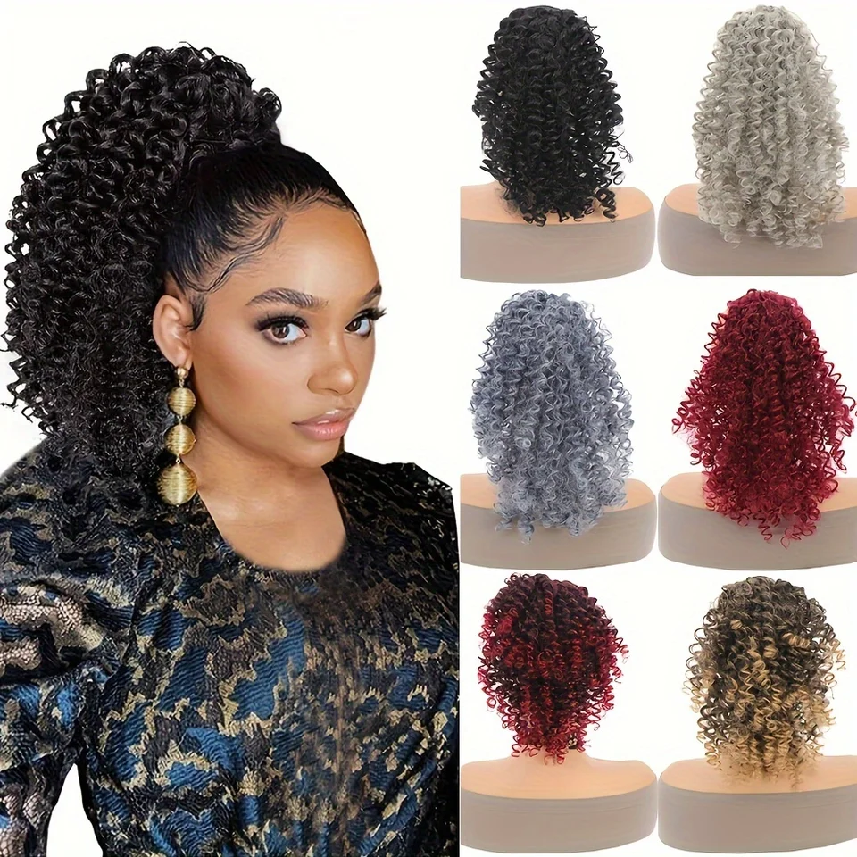 Coleta corta sintética 14 pulgadas afro puff kinky rizada con cordón clip para mujer natural 4