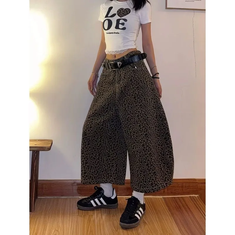 Summer Women's Retro Leopard Print Shorts Hip-hop High Waist Wide Leg Half Pants Female Streetwear Unisex Calf-length Trousers