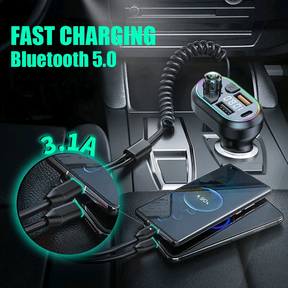 

Car Bluetooth 5.0 FM Transmitter Wireless Audio Receiver Car MP3 Player 25W PD Fast Charge for Apple Type-C Port Charging Cable