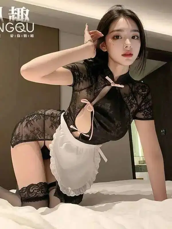 Nieuwe Sexy Cheongsam Uniform Verleiding Kant Spleet Jurk Elegante Boog Zoete Mini Jurk Mesh Kant Sheer Hot Sexy Vrouwen Tops 677N