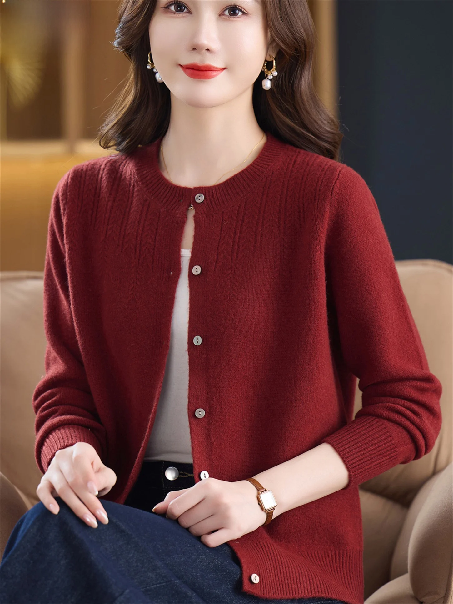 

00 Pure Wool Knitwear round Ne Color Outerwear Faionable Versatile Women's Clothing for Middle-Aged And ly