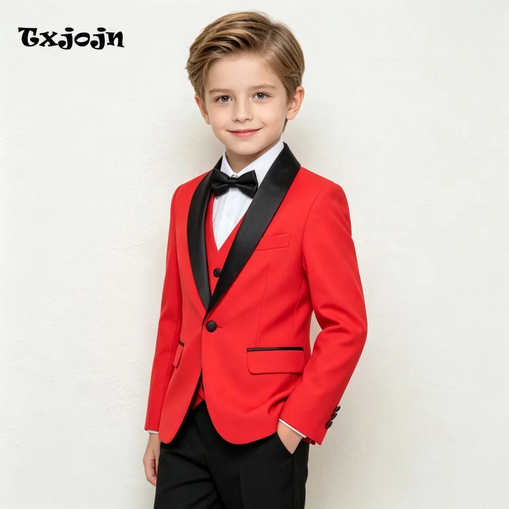 Formal Suit Boys Wedding Tuxedo Apple Red Jacket Vest Pants 3 Piece Set Formal Clothes Holiday Party Blazer Kids Custom Outfit
