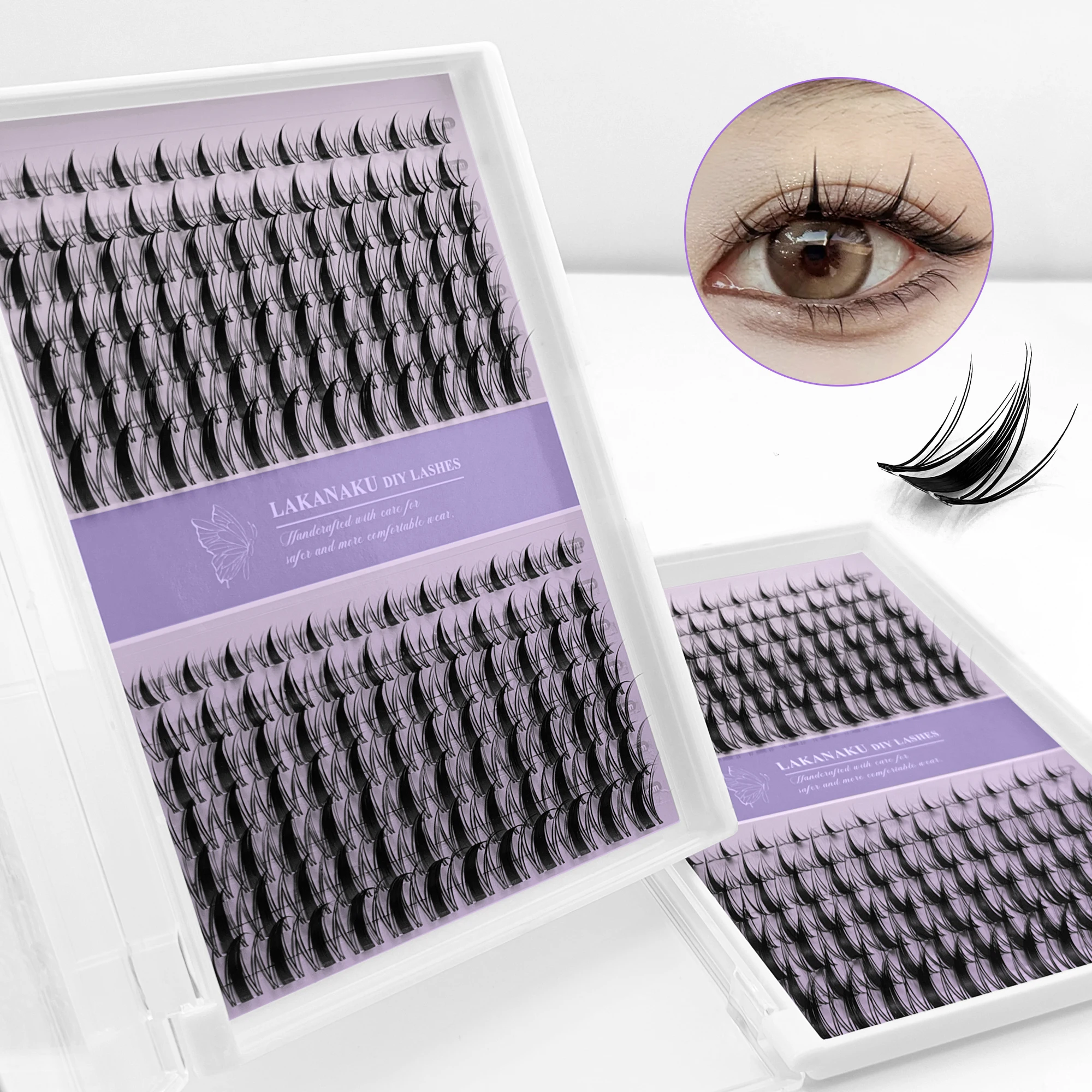 LAKANAKU 168 Fans Diy Cluster Lashes Cat Eye Lashes Unsichtbares Band Premium Mink Manga Lash Clusters