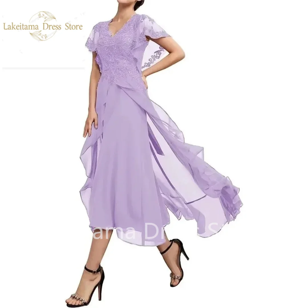 Wakuta Chiffon Mother of The Bride Solid Color Dresses for Wedding Lace Applique Ruffle Sleeves Long Evening Gowns